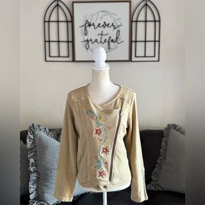 Sundance Tan Floral Embroidered Moto Cotton Knit Zip-Up Jacket Size 10 Vintage